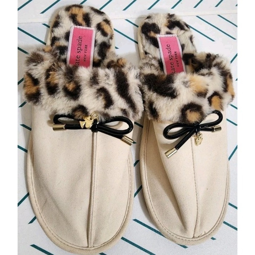 Kate Spade Women Slip On House Shoes Slippers Sz 7B/37.5 Faux Fur Leopard NEW